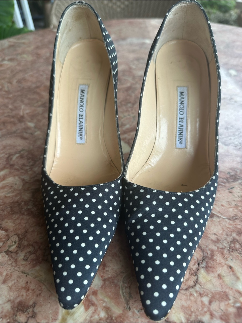 Manolo Blahnik Black with White Polka Dot Pointed Toe Pumps